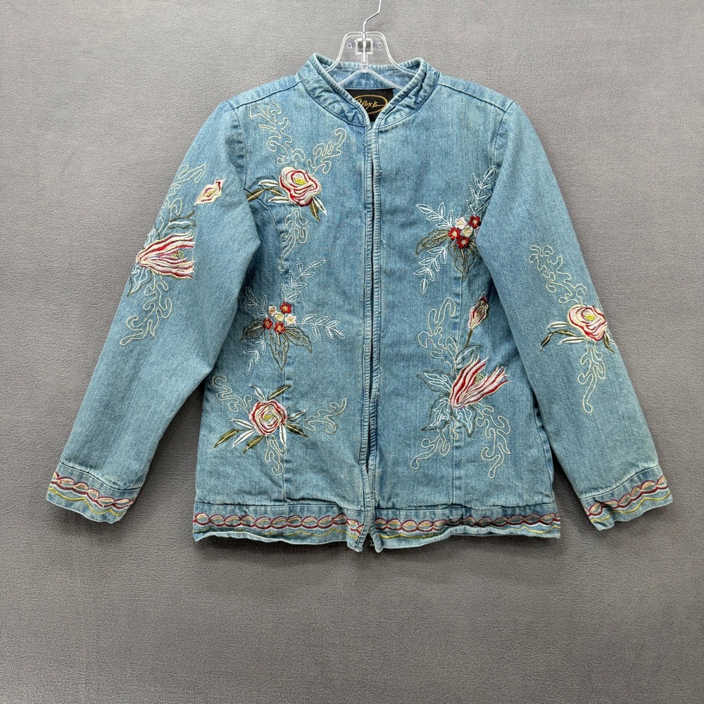 Alex Kim Denim Jacket Womens Small Floral Embroidered Hook & Eye Lined Boho